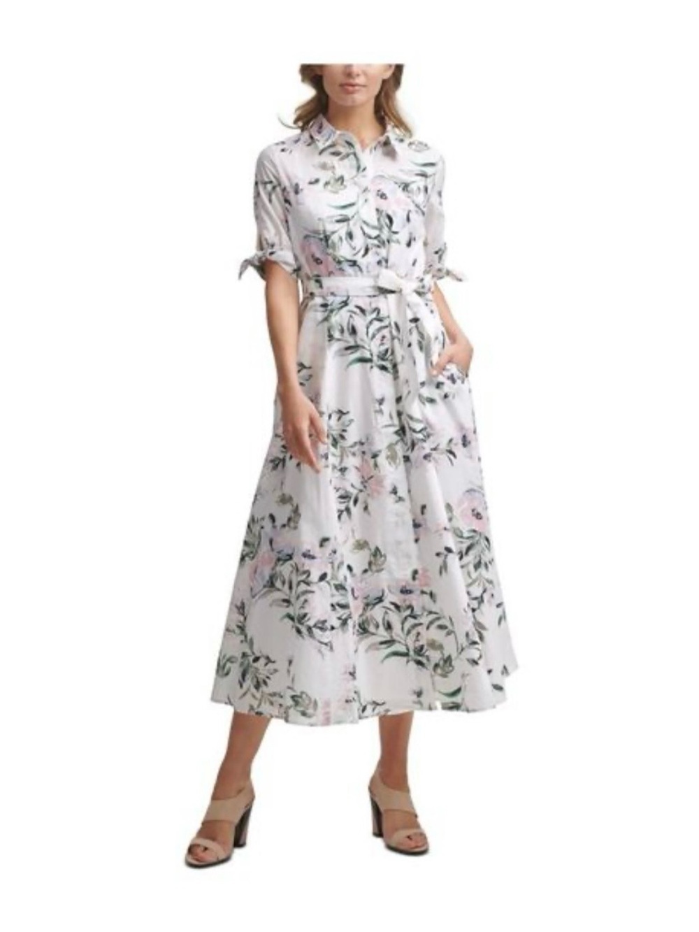 Calvin Klein White Maxi Button Down Dress with Pink Floral Print
